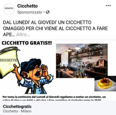 Post sponsorizzato su Facebook di Cicchetto che offre un cicchetto gratis dal lunedì al giovedì per chi viene a fare aperitivo.