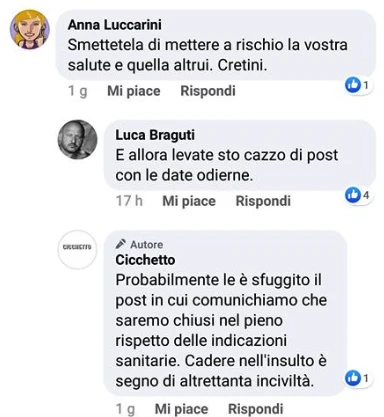 Commenti su Facebook di utenti che criticano e difendono il post promozionale di Cicchetto durante un periodo di chiusura.