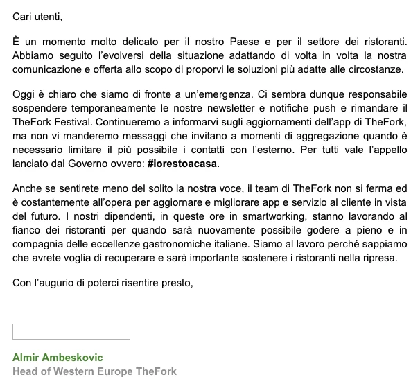 Messaggio di TheFork ai suoi utenti riguardante la sospensione temporanea delle newsletter e notifiche durante l'emergenza COVID-19.