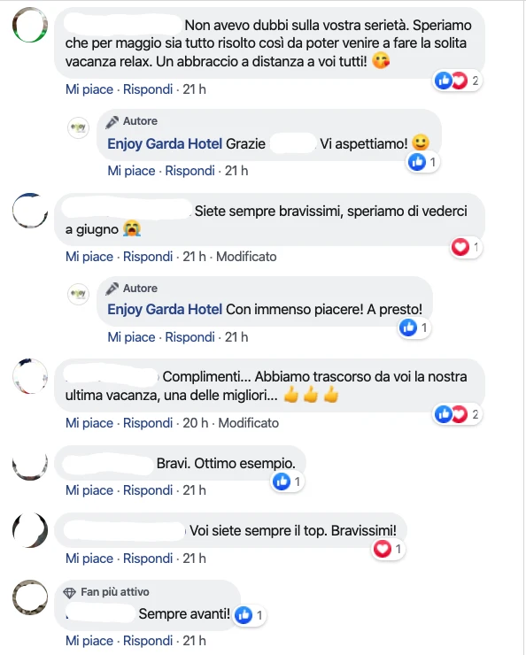 Commenti di clienti su Facebook che elogiano l'Enjoy Garda Hotel per la serietà e l'ospitalità durante il periodo di pandemia.