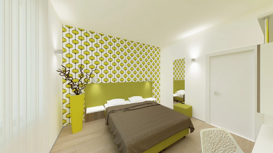 Ristrutturare un hotel, Camera da letto moderna con carta da parati gialla e verde