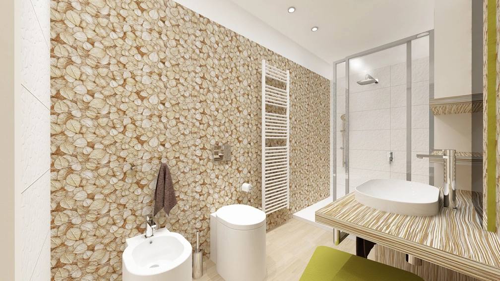 Bagno moderno con decorazioni a mosaico, bidet, lavandino e doccia in vetro.