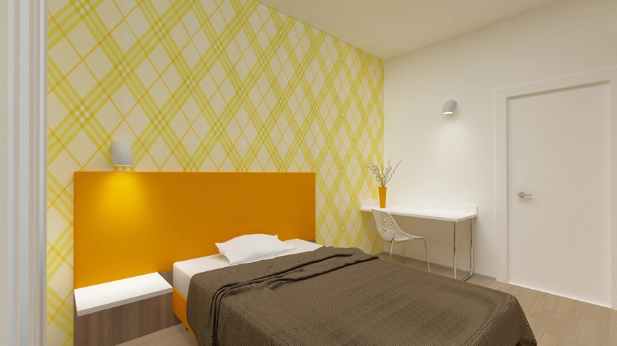 Camera da letto con carta da parati gialla e testata arancione