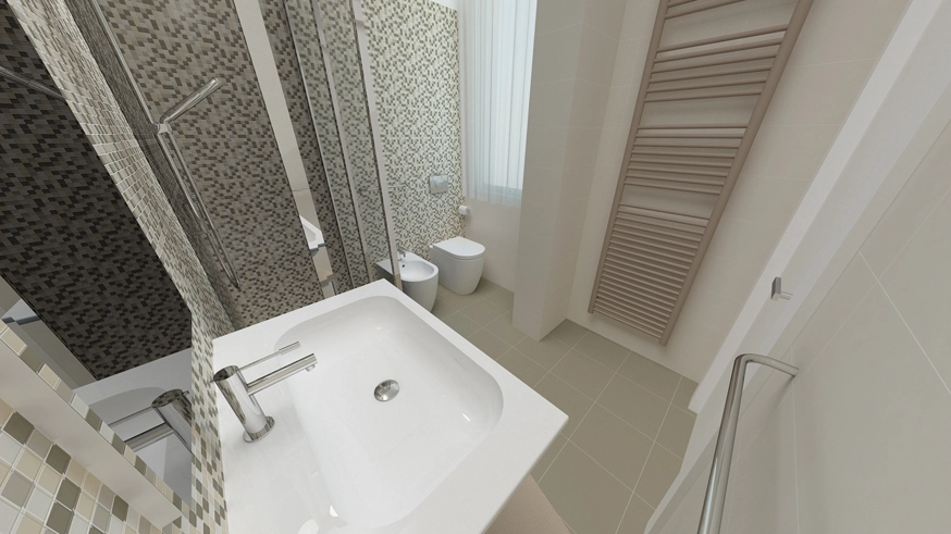 Bagno moderno con piastrelle a mosaico grigio