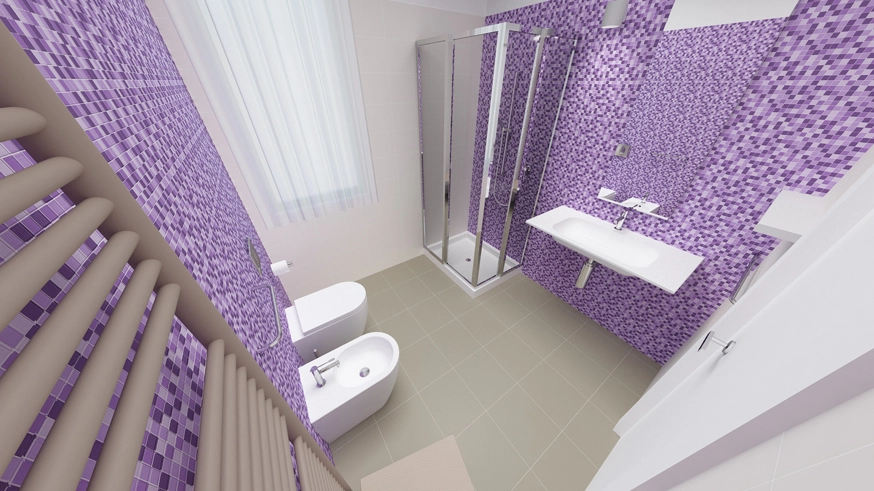 Bagno moderno con piastrelle a mosaico viola