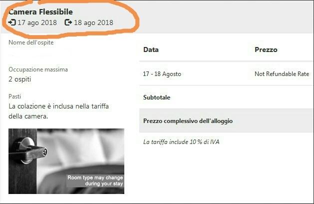 Dettagli di prenotazione per una camera flessibile su Booking.com, con data di soggiorno e tariffa non rimborsabile.