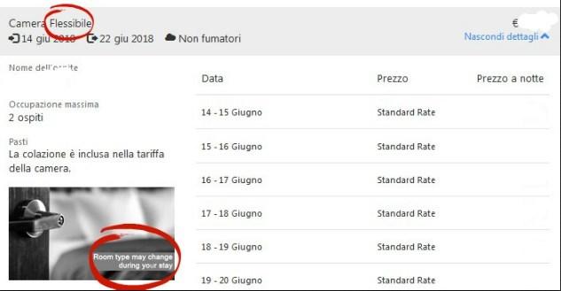 Prenotazione di una camera flessibile su Booking.com con dettagli sulle date, tariffa standard e possibilità di cambio camera.
