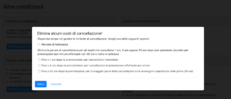 Opzioni di cancellazione in una prenotazione hotel, con periodo di tolleranza e diverse finestre di cancellazione.
