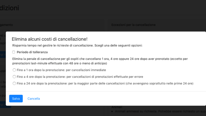 Opzioni di cancellazione in una prenotazione hotel, con periodo di tolleranza e diverse finestre di cancellazione.