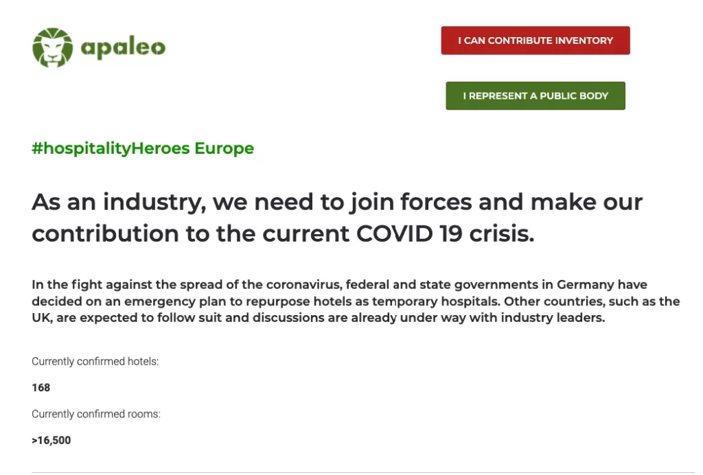 Pagina di Apaleo che promuove l'iniziativa HospitalityHeroes per contribuire alla crisi COVID-19 con camere d'albergo