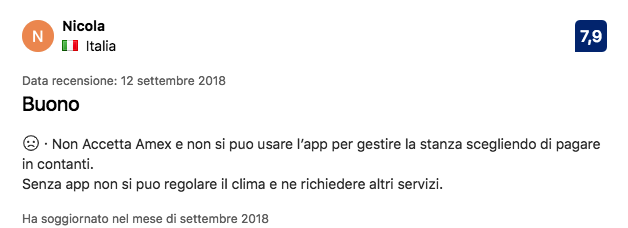 Recensione di Nicola sul KViHotel con punteggio 7.9, criticando l'assenza di Amex e la necessità di usare l'app per i servizi.