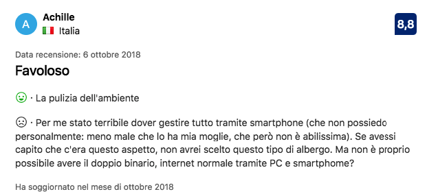Recensione di Achille sul KViHotel con punteggio 8.8, apprezzando la pulizia ma criticando l'uso obbligatorio dello smartphone.