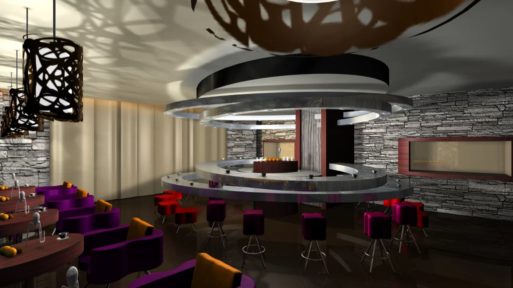 Moderno bar dell'hotel con arredamento elegante, sedie colorate e illuminazione artistica.
