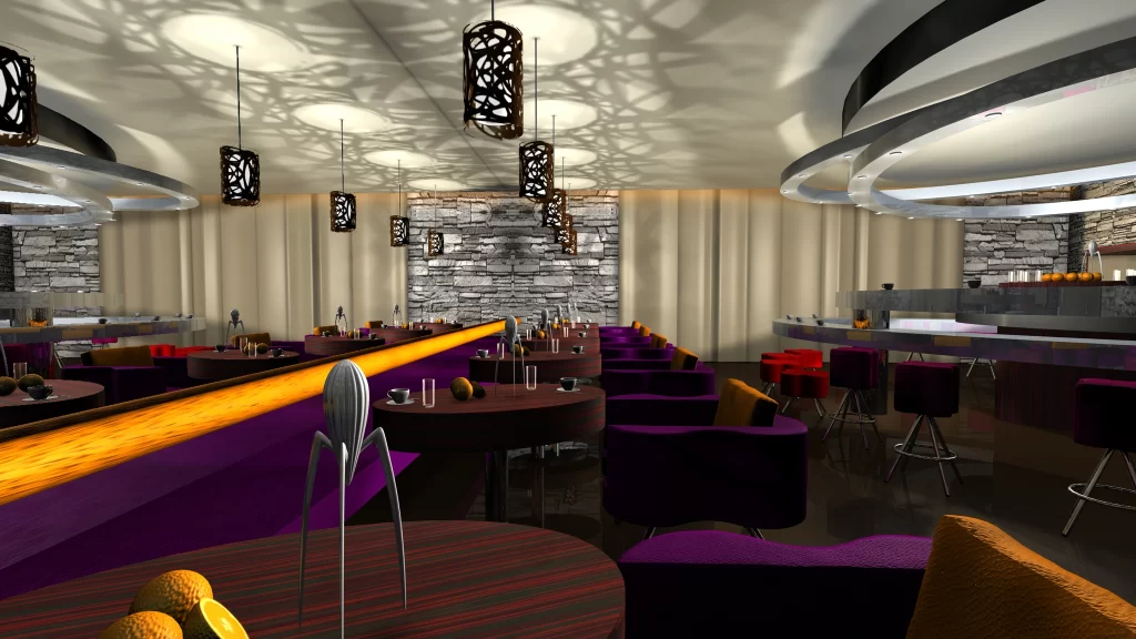 Vista interna del bar dell'hotel con sedie viola, tavoli eleganti e illuminazione sofisticata.