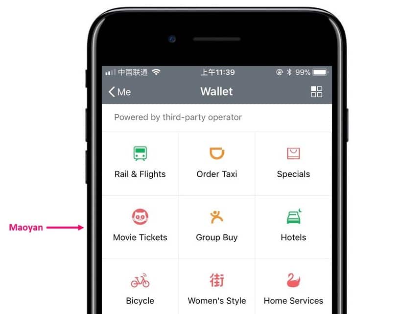 Schermata dell'app Meituan su smartphone che mostra varie opzioni di servizi, tra cui biglietti cinema, taxi e hotel.
