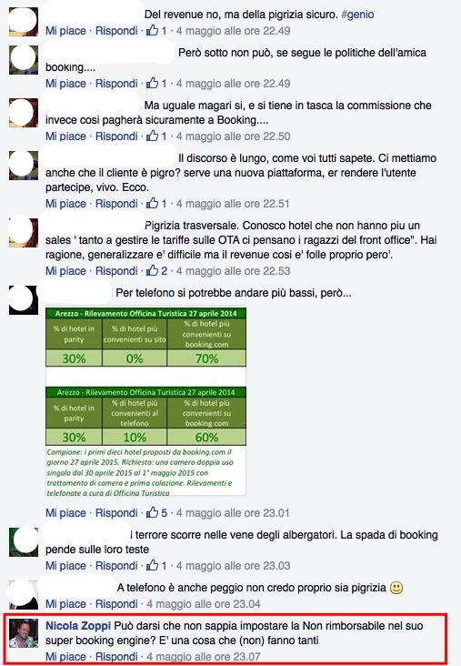 Discussione su Facebook riguardo la gestione delle tariffe degli hotel, con riferimenti a Booking.com e strategie di revenue management.