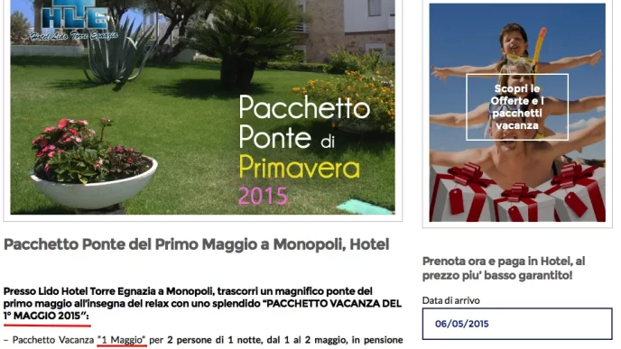 Offerta pacchetto vacanza di primavera 2015 per Monopoli, con opzioni di prenotazione e dettagli sul soggiorno.