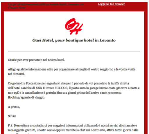 Email di conferma prenotazione da Oasi Hotel con informazioni utili, tariffe e dettagli sulla cancellazione per un soggiorno a Levanto.