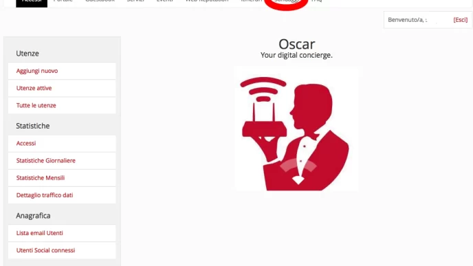 Schermata di accesso del concierge digitale Oscar con menu di navigazione per utenti e statistiche.