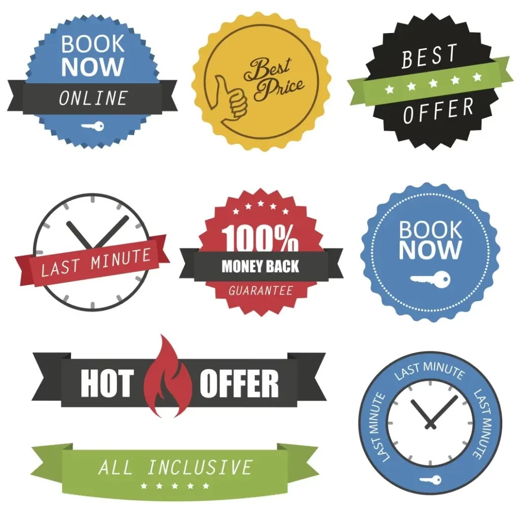 Vari badge promozionali con scritte come 'Book Now', 'Best Price', 'Last Minute', '100% Money Back Guarantee' e 'Hot Offer'.