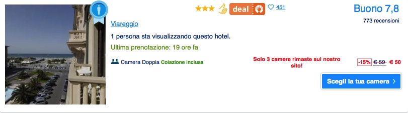 Offerta hotel a Viareggio su Booking.com con sconto del 15% e colazione inclusa.