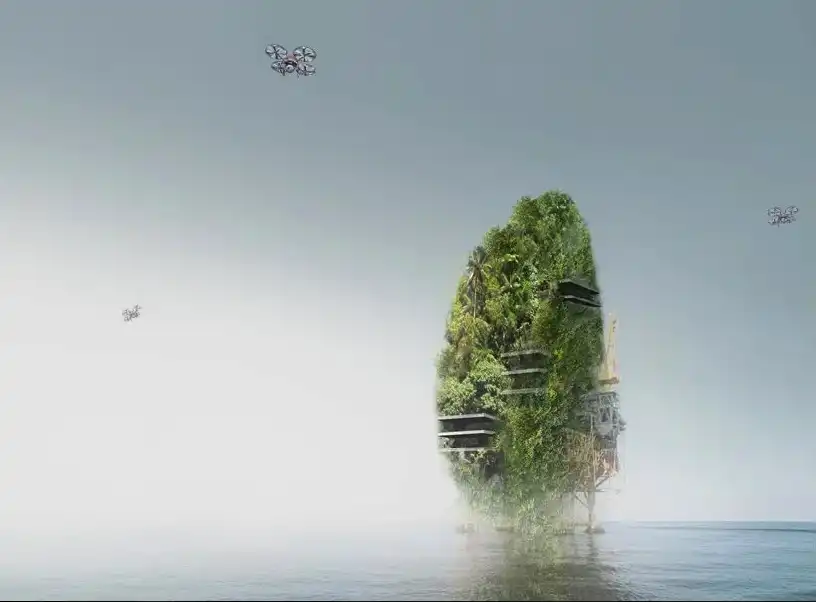 Progetto di hotel post-pandemico con una torre coperta di vegetazione, droni in volo sopra il mare