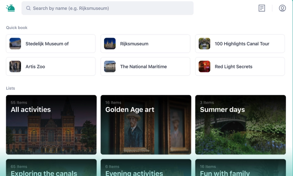 Schermata di un'app di prenotazione rapida con varie attività turistiche disponibili, come musei e tour dei canali.