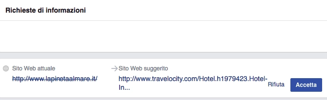 Notifiche di Facebook per controllare la modifica consigliata del sito web dell'hotel.