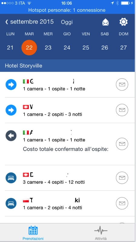 Schermata di prenotazioni su Pulse di Booking.com per il 22 settembre 2015, con dettagli delle camere e durata del soggiorno.