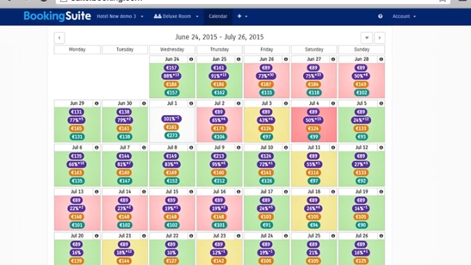 Calendario delle tariffe di una struttura su BookingSuite, con variazioni di prezzo giornaliere dal 24 giugno al 26 luglio 2015