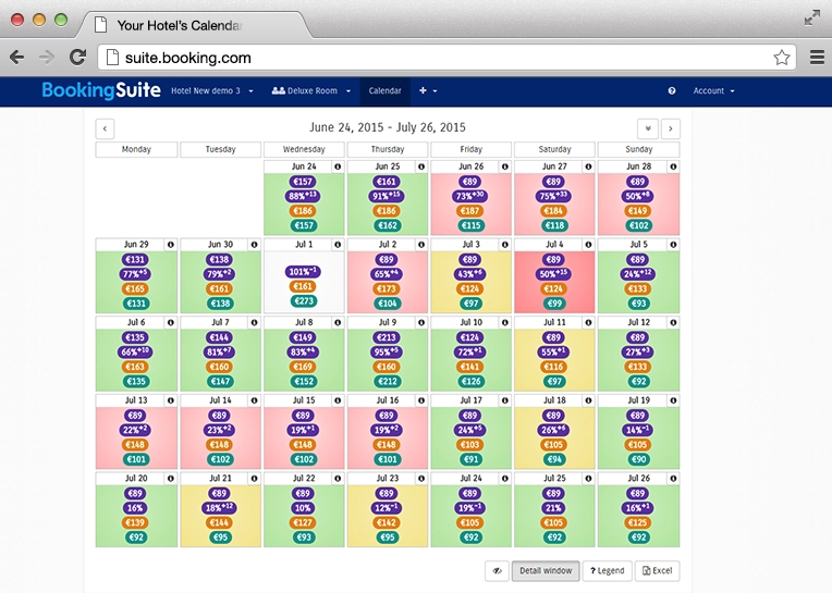 Calendario delle tariffe di una struttura su BookingSuite, con variazioni di prezzo giornaliere dal 24 giugno al 26 luglio 2015