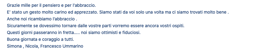Messaggio di ringraziamento di Simona, Nicola e Francesco Ummairino per l'ospitalità ricevuta in un hotel.