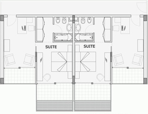 Piantina di suite d'hotel con spazi separati e doppi servizi.