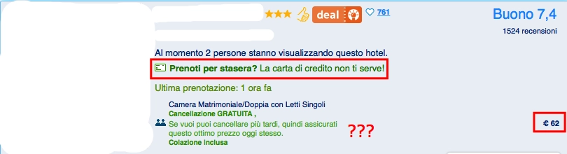 Offerta di prenotazione su Booking.com senza necessità di carta di credito per la stessa sera.