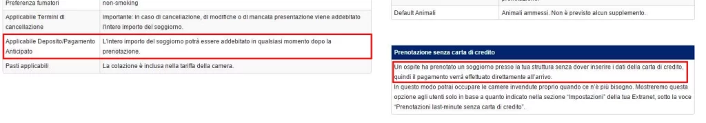 Condizioni di prenotazione su Booking.com che specificano il pagamento anticipato e la prenotazione senza carta di credito.