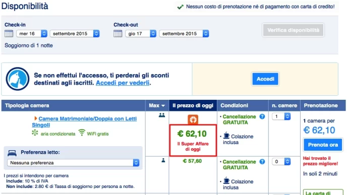 Schermata di disponibilità delle camere su Booking.com con opzioni di prezzo e condizioni di cancellazione.
