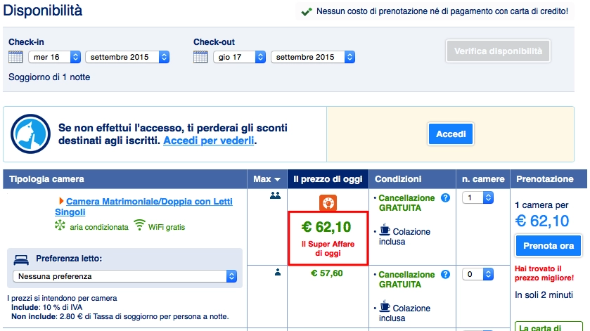 Schermata di disponibilità delle camere su Booking.com con opzioni di prezzo e condizioni di cancellazione.