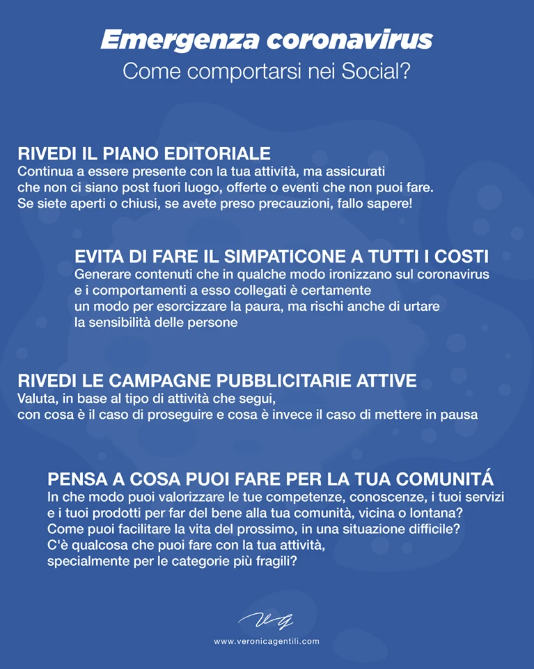 Grafica con consigli su come gestire la comunicazione sui social media durante l'emergenza coronavirus.