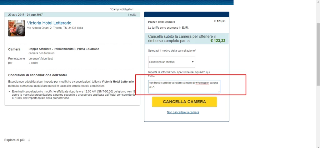 Prenotazione al Victoria Hotel Letterario con dettagli di cancellazione, prezzo e motivo per annullare la camera.