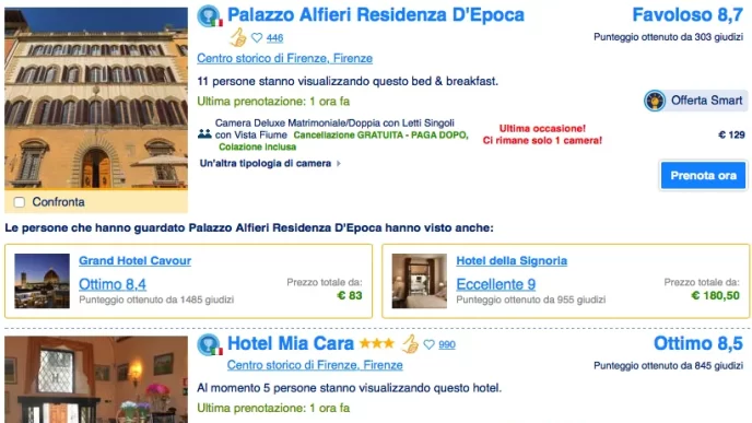 Pagina di prenotazione su Booking.com per Palazzo Alfieri Residenza D'Epoca a Firenze.