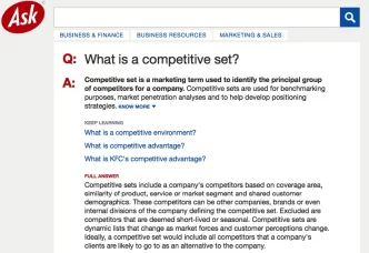 Screenshot della definizione di 'competitive set' su un sito di marketing, che spiega il gruppo principale di concorrenti per un'azienda.