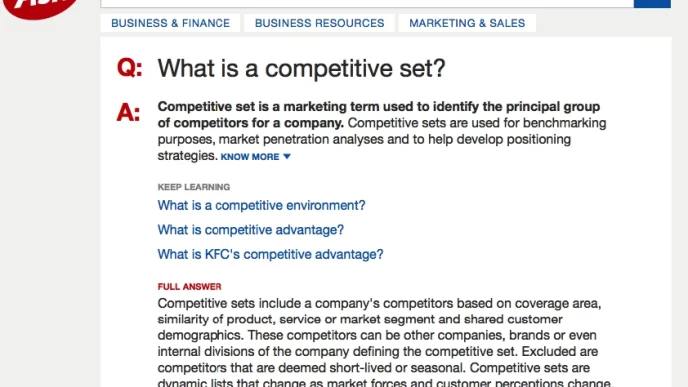 Screenshot della definizione di 'competitive set' su un sito di marketing, che spiega il gruppo principale di concorrenti per un'azienda.