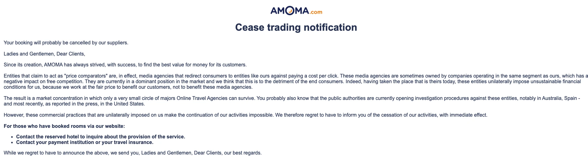 Notifica di cessazione attività di Amoma, che informa i clienti dell'annullamento delle prenotazioni e chiusura del sito.