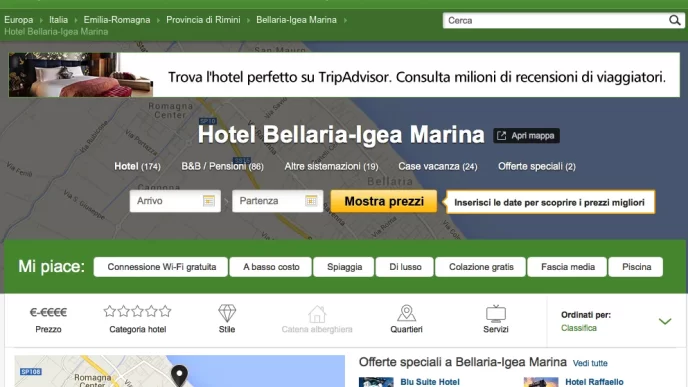 Pagina di TripAdvisor per Hotel Bellaria-Igea Marina con opzioni di filtro. ​