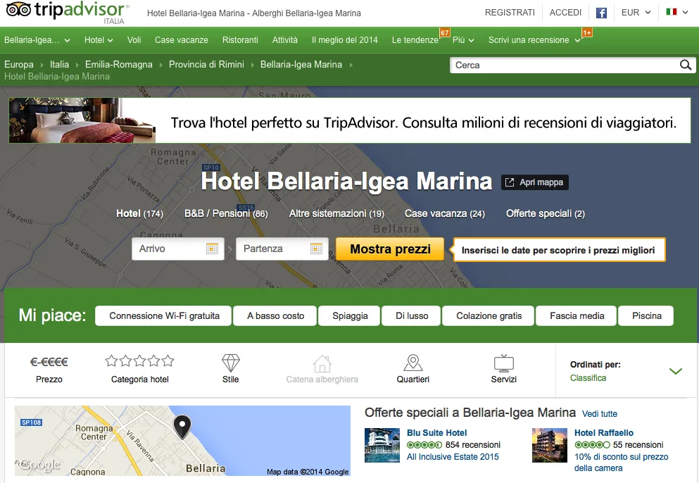  Pagina di TripAdvisor per Hotel Bellaria-Igea Marina con opzioni di filtro. ​