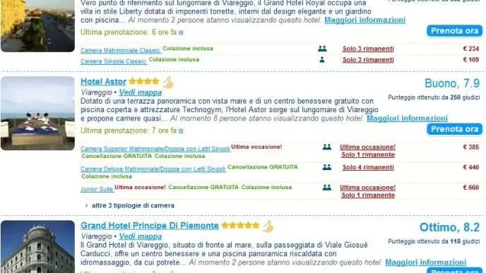 Pagina di prenotazione per hotel a Viareggio con informazioni su disponibilità, prezzi, e recensioni degli ospiti.