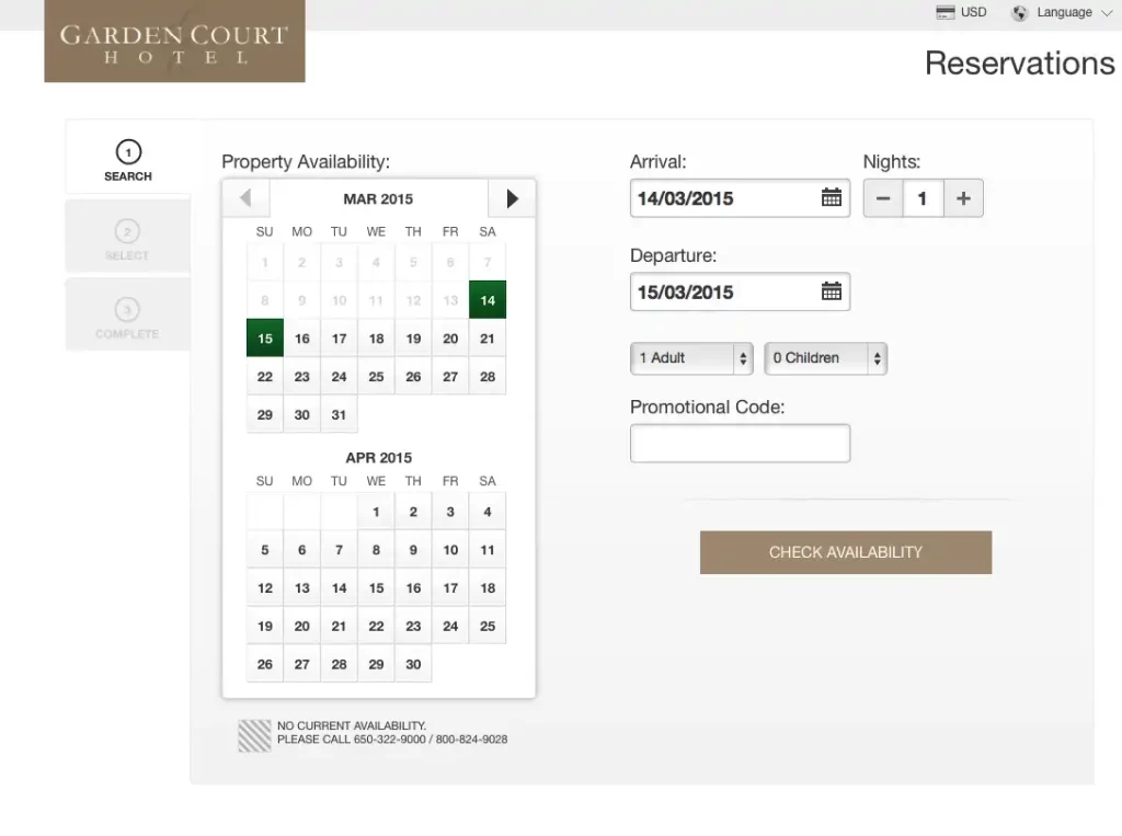 Pagina di prenotazione dell'hotel Garden Court con calendario e dettagli di soggiorno.