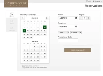 Pagina di prenotazione dell'hotel Garden Court con calendario e dettagli di soggiorno.