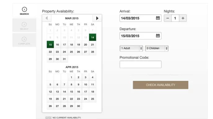 Pagina di prenotazione dell'hotel Garden Court con calendario e dettagli di soggiorno.