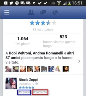 Schermata di Facebook con 87 valutazioni e 1.064 "Mi piace" per un luogo, con opzioni "Mi piace" e "Commenta".